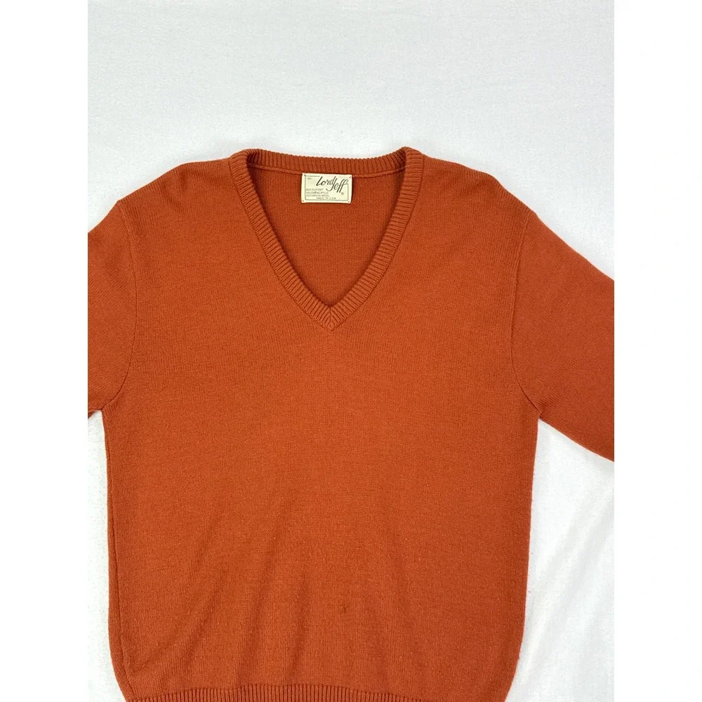 Vintage‎ Lord Jeff Mens V-Neck Sweater Rust Brown Acrylic Wool Blend USA Medium